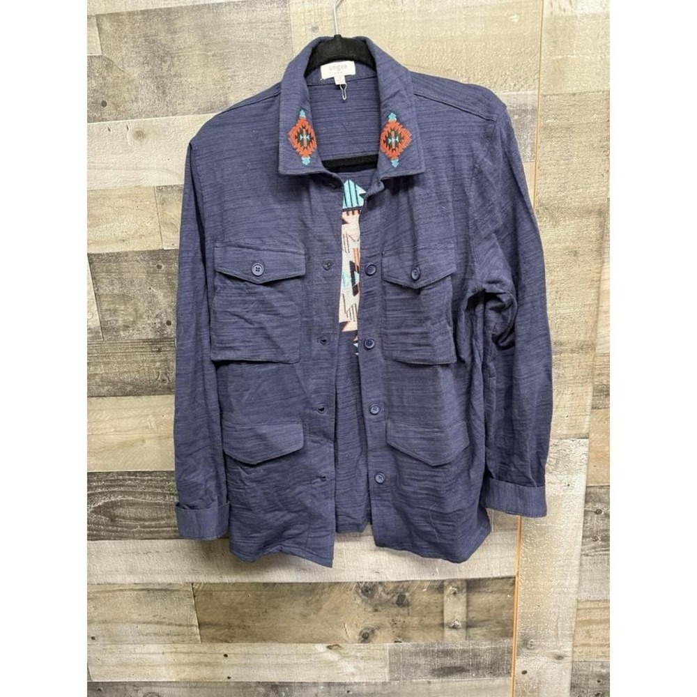 Umgee Shirt Jacket Button Front‎ Women Small Blue Southwestern Embroidered